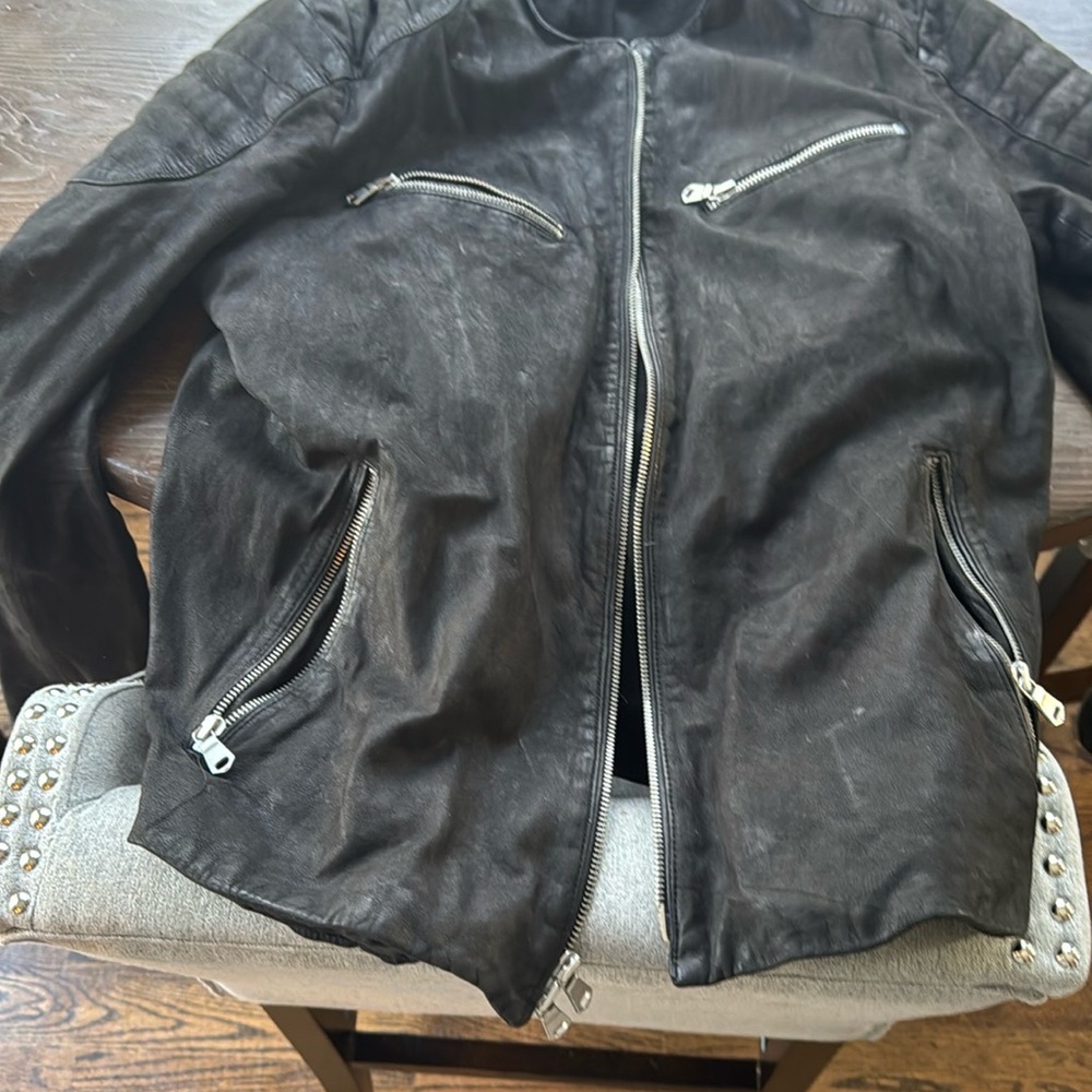Men's Black Vince Leather Cafe Jacket in Large